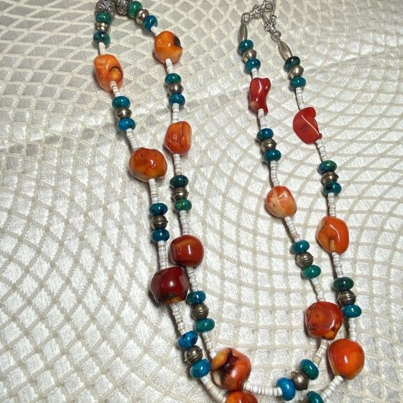 Vintage Yemenite Filigree 925 Silver Coral Turquoise Necklace 34” - Picture 15 of 16